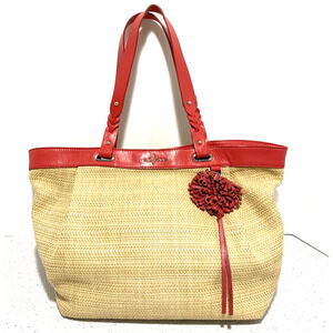 Cole Haan Woven Shoulderbag Purse Casual Bag Tan and Coral Red Beachy Resort